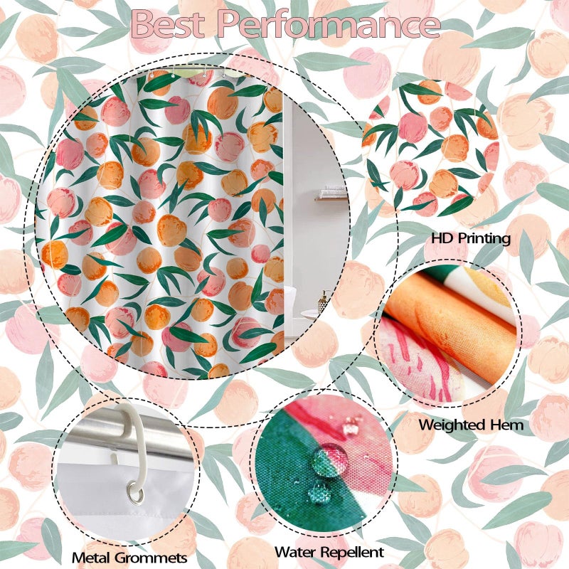 Lifeel Peach Shower Curtain, Allover Fruits Cute Bright Colorful Design Waterproof Fabric Bathroom Curtains Set with 12 Hooks, Peachy Pink 72Ã—72 inch - Image 4